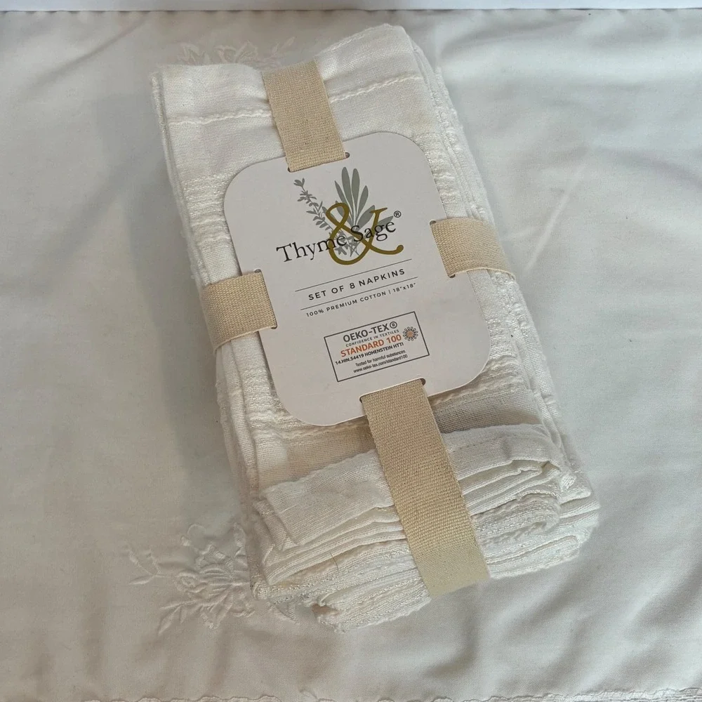 8 Thyme & Sage Napkins 18x18 White Cotton Textured Farmhouse Cottage OEKO-TEX